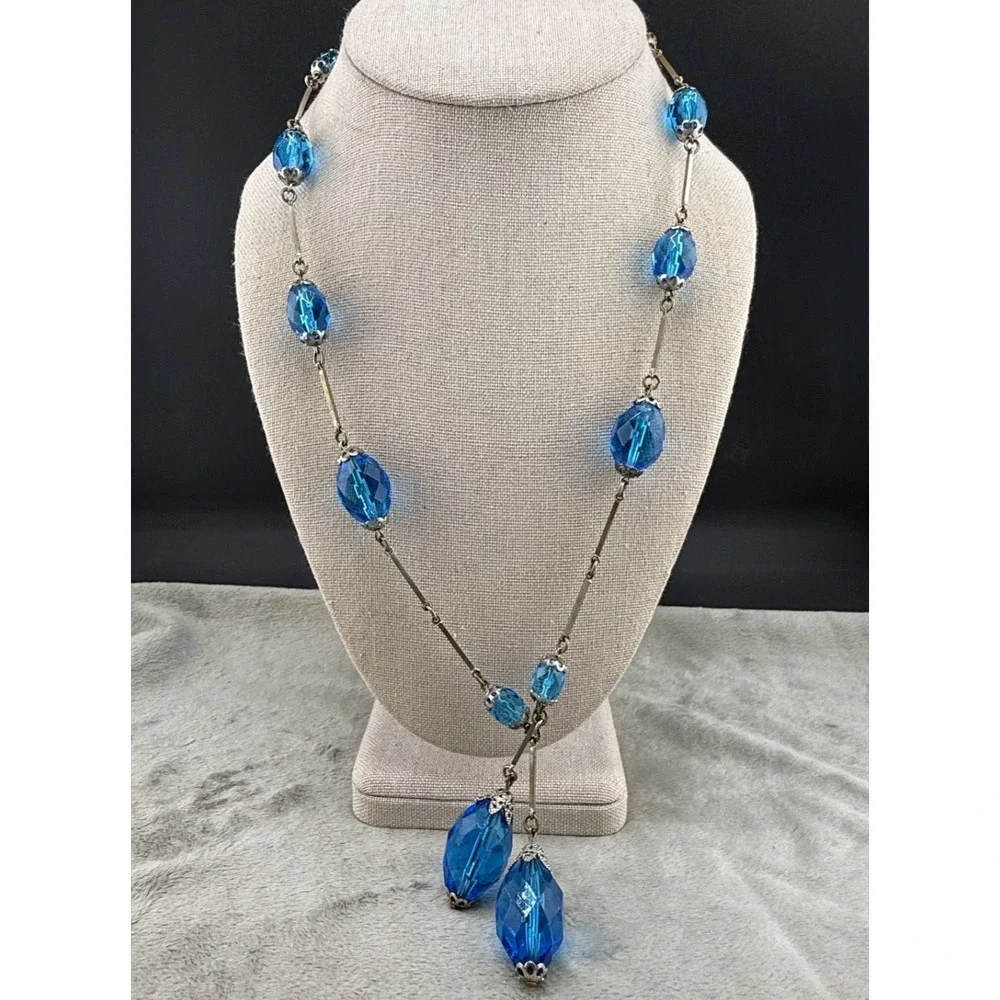 Vintage Statement Necklace Silver‎ Tone Blue Rhinestone 22